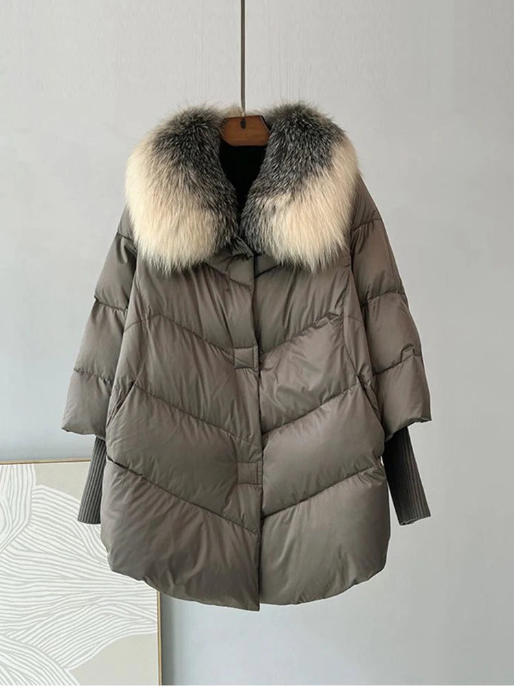 New Female Loose Outerwear Fashion Down Jacket Overcoat Women Winter Coat 90% White Duck Down Jacket With Big Woolen Collar Coat