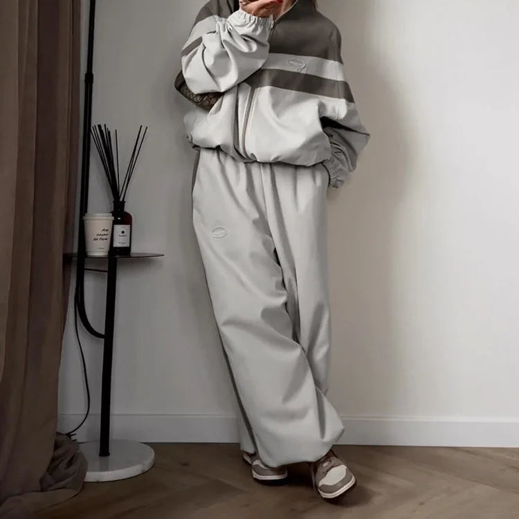 Spring Autumn Street Jumper Two Piece Set Women Long Sleeve Zipper Jacket+Patchwork Hip-Hop Sports Pant Suit Loose Women Outfit