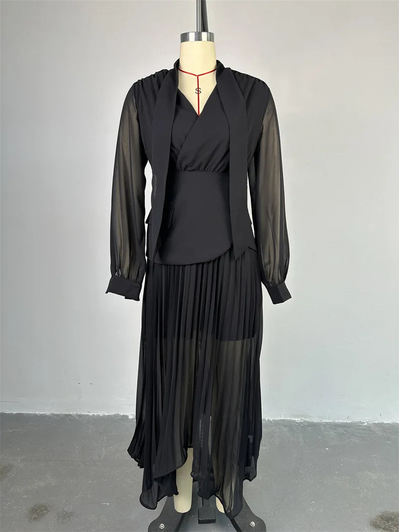 Women Dress Sets Skirt Two Piece Sets Elegant White Irregularity V Neck Full Sleeve Tops Lace Up Pleated A Line Long Skirts Suit