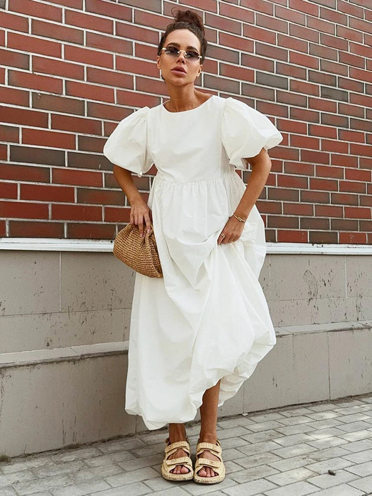 New Cotton O Neck Puff Sleeve Dresses Spring Women Solid Color Loose Casual Long Dress Summer High Waist Folding Pullover Dress