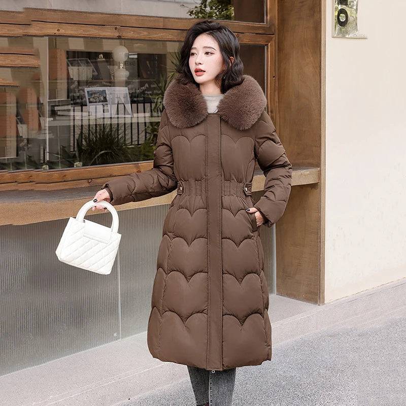 Elegant Winter Fur Hooded Down Jackets Women Clothes Cotton Padded Coat Warm Thick Long Parkas Winter Women Snow Puffer Jacket