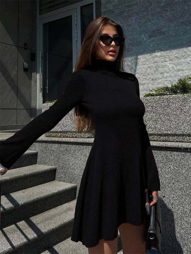 Flare Long Sleeve Black Dresses Party Vestidos Turtleneck Knitted Sweater Mini Dress Women Autumn Winter Vintage Casual Dress