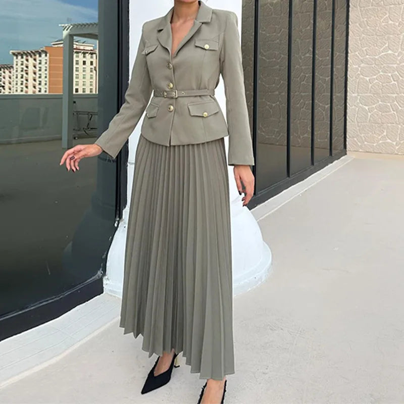 Spring Chic Two Pieces Set Women Single-breasted Lapel Casual Top Coat Belt Pleated Midi Skirt Suit Lady Autumn Fashion Outfit