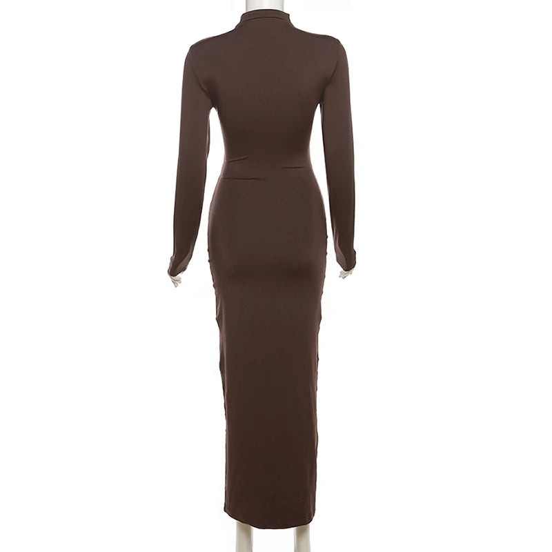 Ladies Evening Party Dress Prom Sexy Bodycon Ruched Hollow Women Maxi Dress High Neck Full Sleeve Slim Fit Elegant Solid Dresses