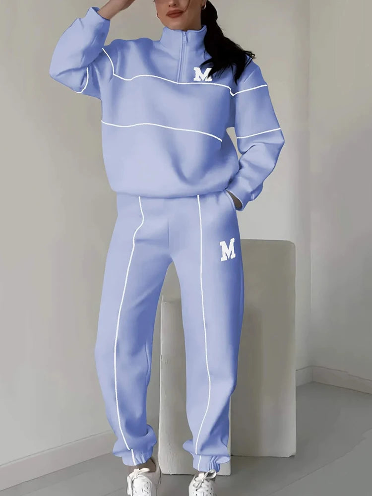 Women Clothing Pants Set Autumn Winter Women Casual Set Long Sleeved Zipper Cardigan Sweater Lace Up Striped Pants 2 Piece Sets