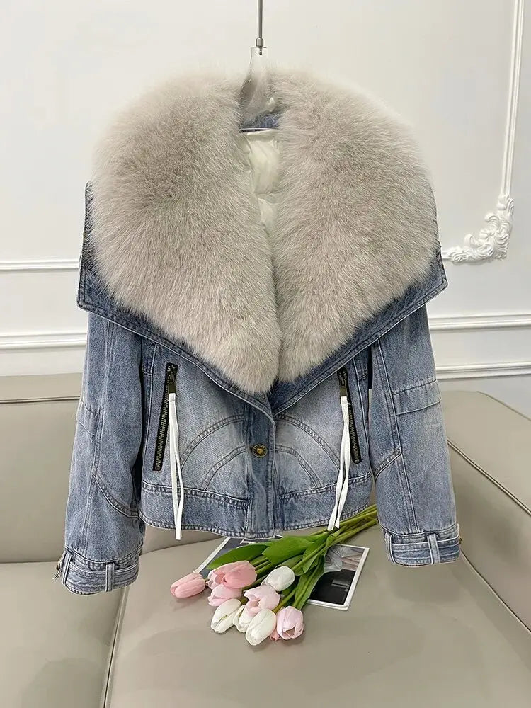 Winter Fur Coat Removable Fur Collar Cotton Jacket New Thickened Short Denim Jacket Fashion Harajuku Parkas Jeans Jacket