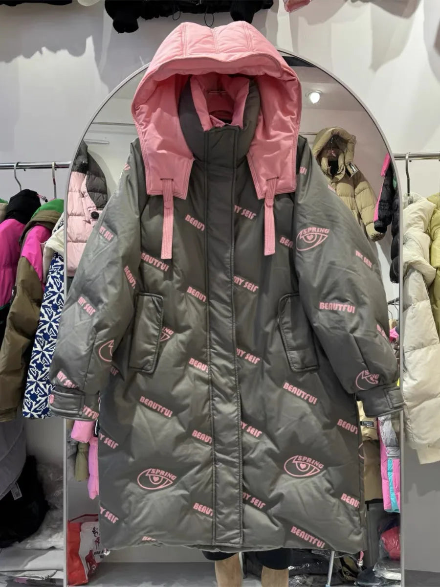 Winter Long White Duck Down Hooded Cotton Down Jackets New Thickened Warm Cotton Coat Fashion Loose Long Sleeves Parkas Jacket