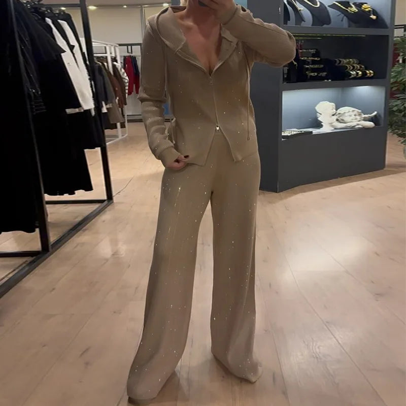 Spring Elegant Pantsuits Women Diamond Hooded Long Sleeved Zipper Jacket+High Waist Straight Wide Leg Pants Female Two Piece Set