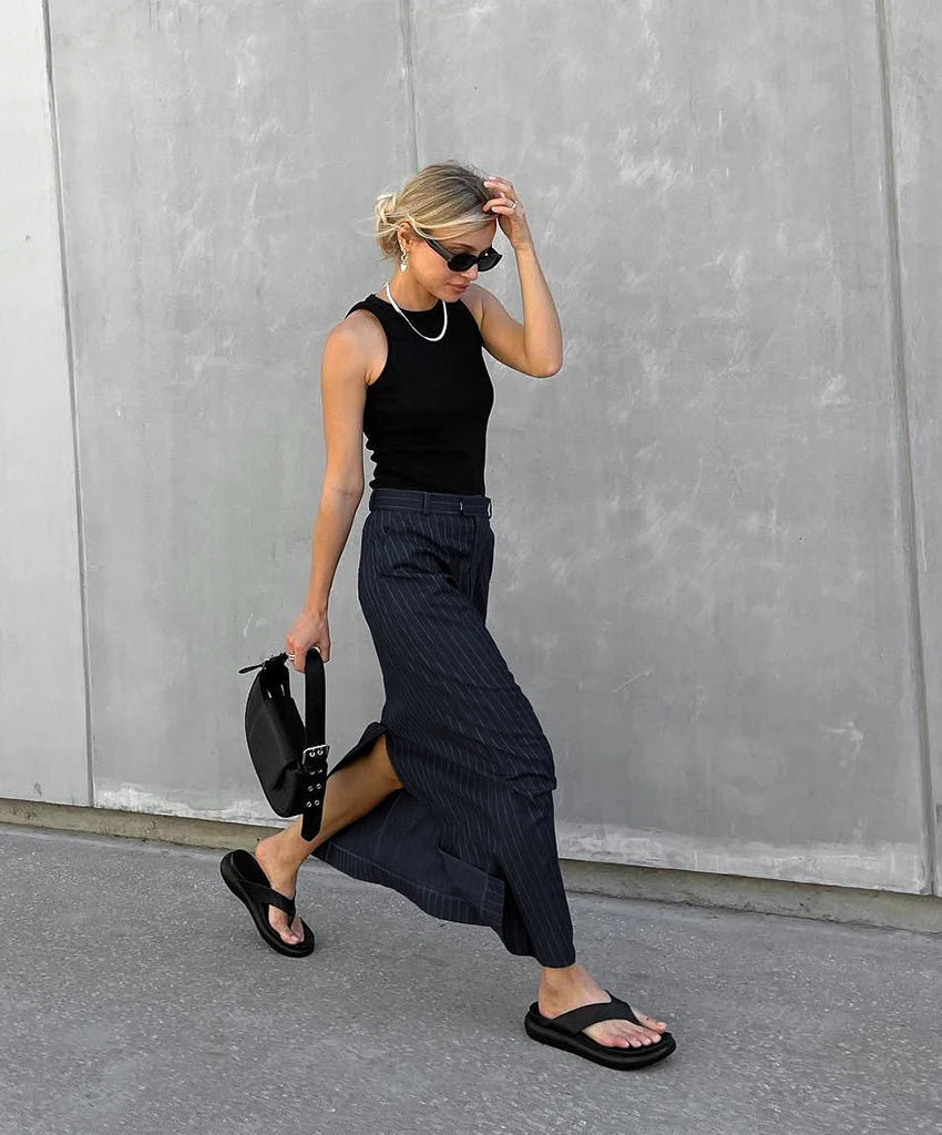 2024 Spring Office Zipper Long Skirts Women Streetwear Blue Stripe Straight Skirt Fashion Casual Twill High Waist Skirts