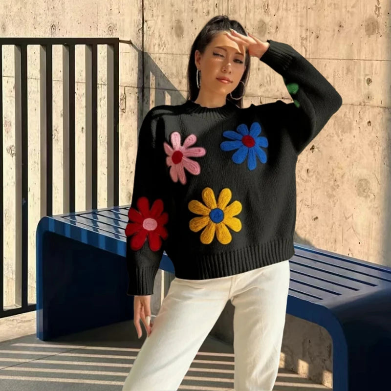 Long Sleeved Outwear Warm Loose Jumper Streetwear Women's Knit Casual Sweaters Flowers Decorative Top Pullovers Knitwear