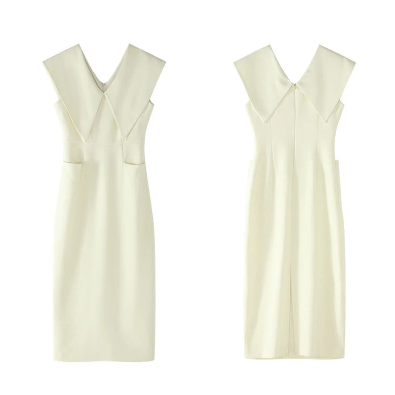 Elegant Sleeveless Peter Pan Collar Dresses Spring Women Slim Knee Length Dress Summer High Waist Split Zipper Straight Dress