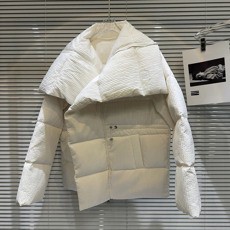 Winter Big Turn Down Collar Long Down Jacket Drawstring Striped Thick Knee Length Overcoat Warm White Duck Down Jacket Women
