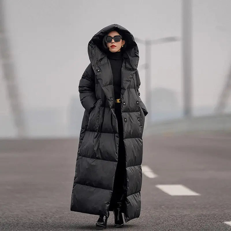 Winter Women Long White Duck Down Cotton Coat Fashion Windproof Hood Casual Thickened Warm Cotton Coat Women Parkas Jacket Coat