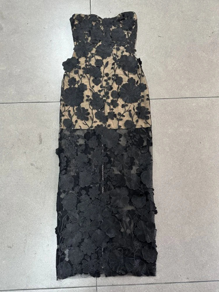 Luxurious 3D Flowers Chest Wrapping Dresses Spring Women High Waist Zipper Knee Length Dress Female Sleeveless Backless Dress