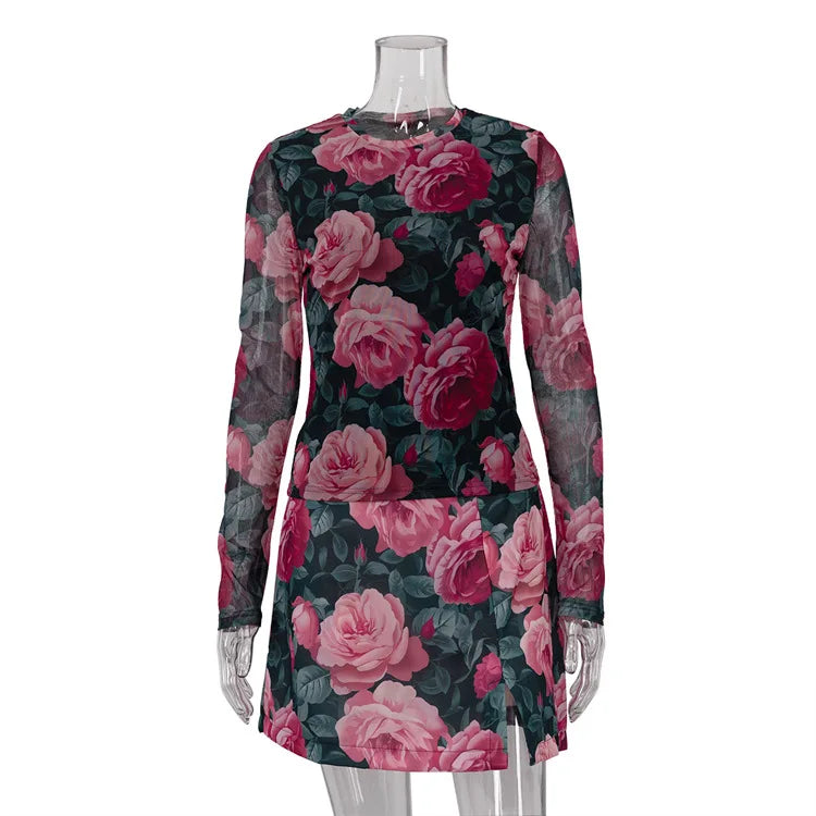 Fashion Street Printed Skirt Two Piece Set Spring Women Round Neck Long Sleeved Tight Top+mini Hip Hugging Skirt Female Outfit