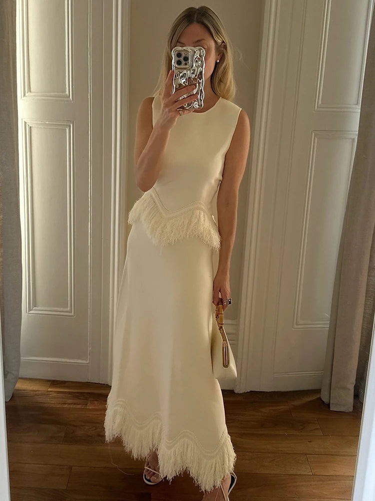 Elegant Tassel Splicing Two Piece Set Spring Women O-neck Sleeveless Top+High Waist Irregular Knee Length Skirt Female Outfit