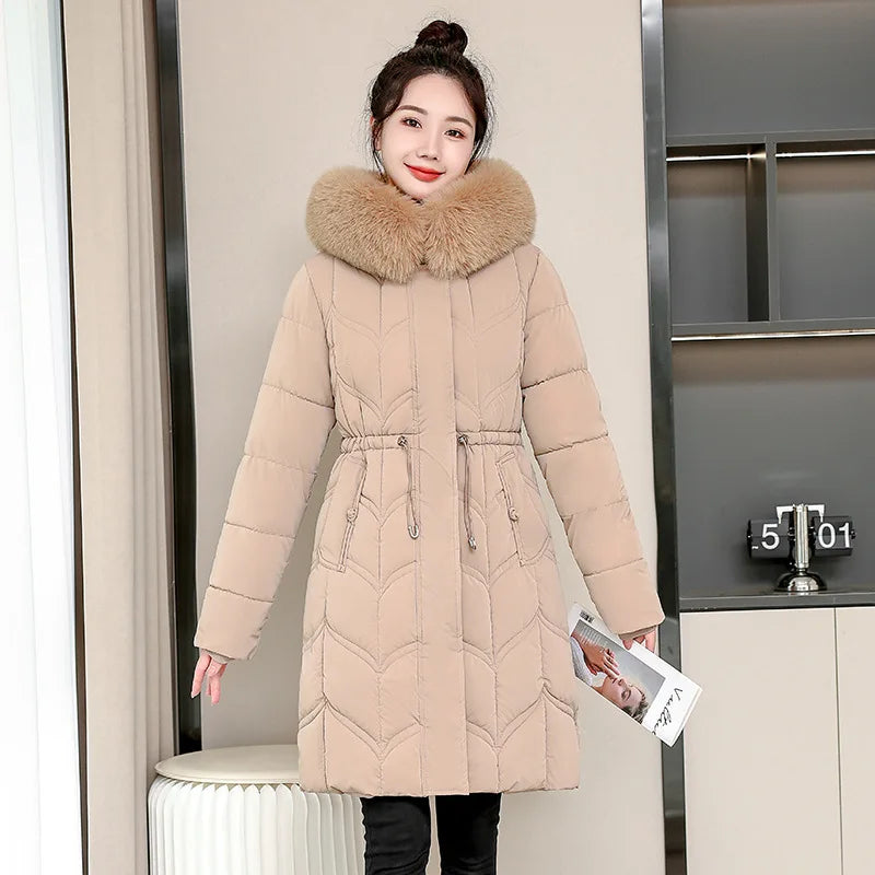 Winter Long Woman Hooded Down Jackets Parkas with Belt Long Coat Women Overcoat New Fur Collar Elegant Thick Warm Padded Jacket