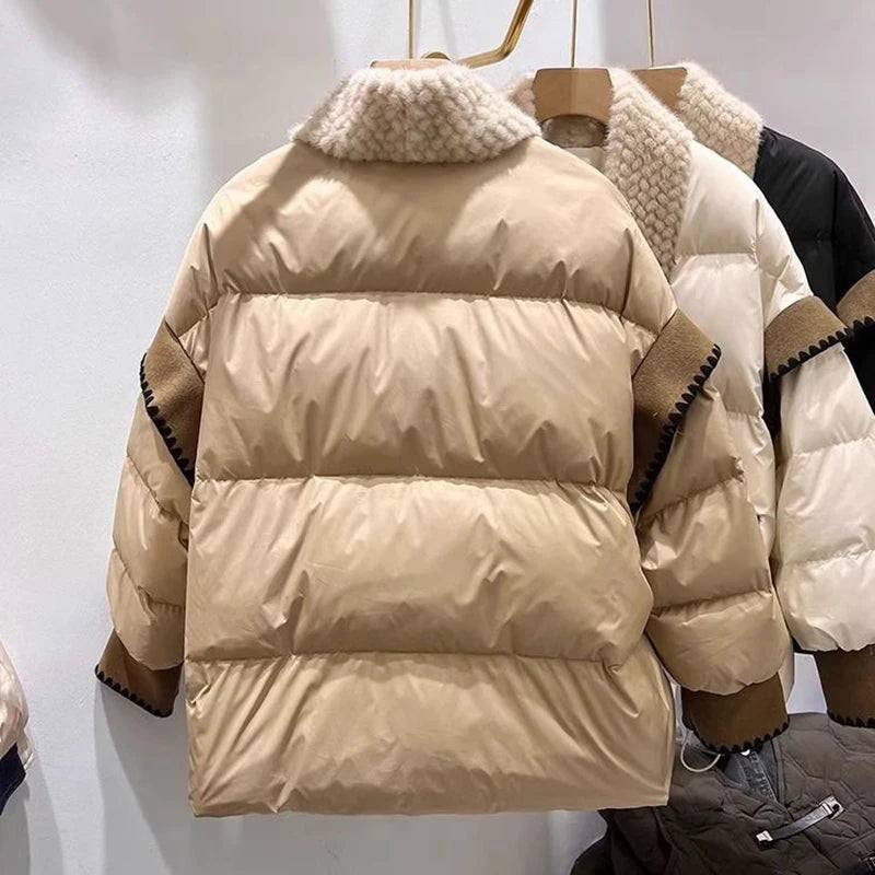 New Cotton-Padded Jacket Women's Fashion Stitching Buckle Winter Solid Color Overcoat Parkas Fashion Bread Cotton Jacket Coats