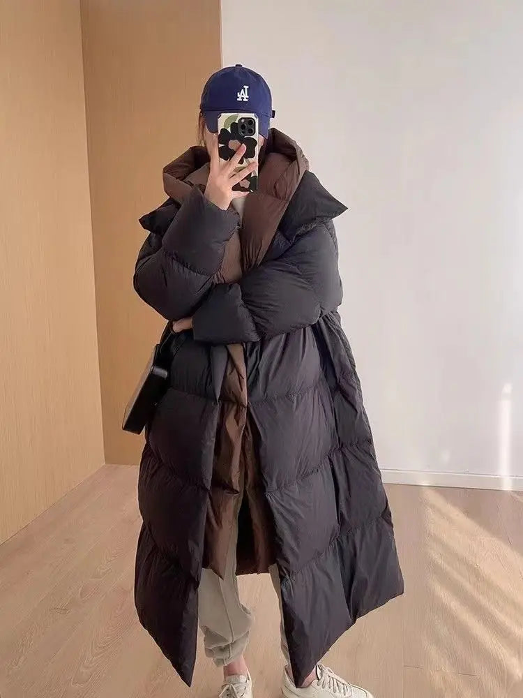 Winter New White Duck Down Hooded Fake Two Piece Down Jacket Women's Long Knee Down Jacket Winter Women's Warm Coat Pike Coat