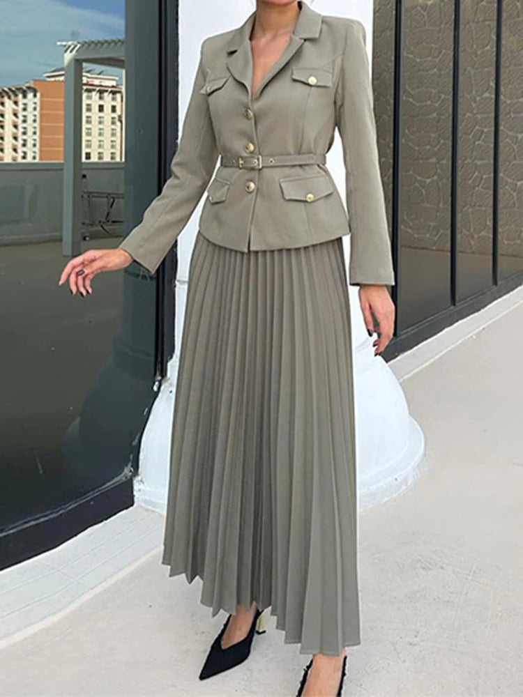 Spring Chic Two Pieces Set Women Single-breasted Lapel Casual Top Coat Belt Pleated Midi Skirt Suit Lady Autumn Fashion Outfit