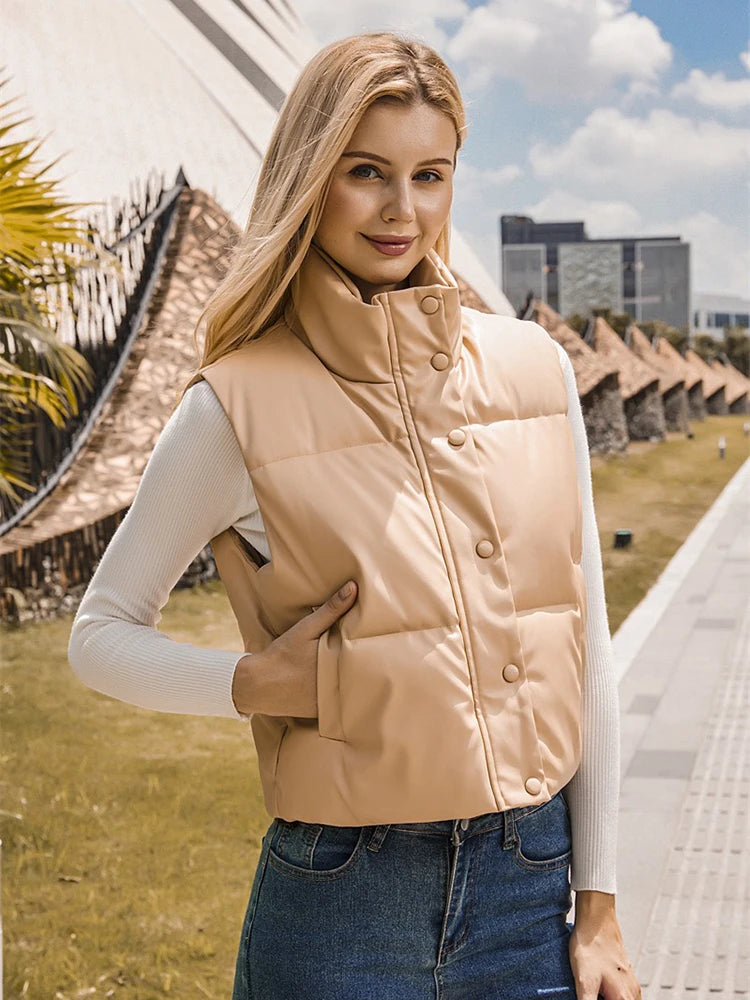 Spring Autumn Leather Vest Women Female Sleeveless Waterproof Jacket Women Puffy Down Waistcoat PU Puffer O-neck Vest Winter
