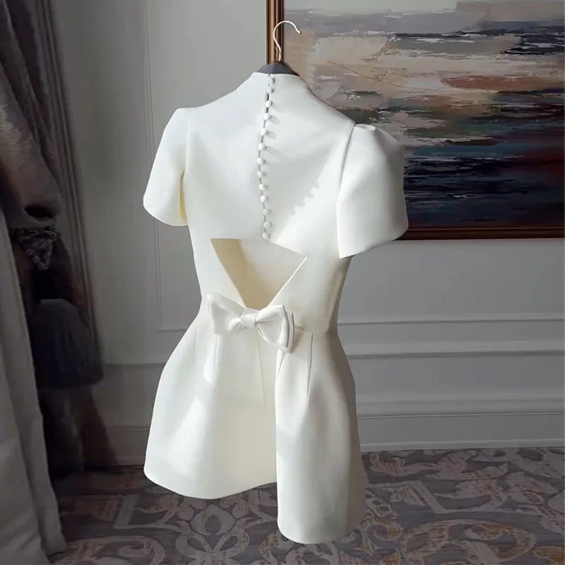 New Elegant Stand Collar Backless Dresses Spring Women Short Sleeved Single Breasted Dress Summer Female Basic A Line Mini Dress