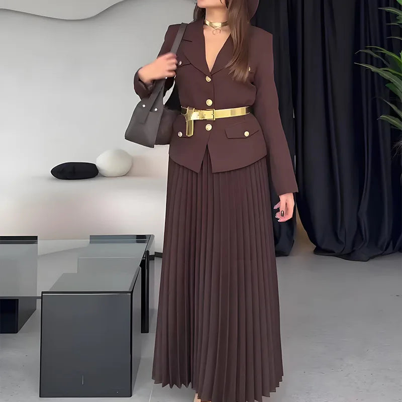 Spring Chic Two Pieces Set Women Single-breasted Lapel Casual Top Coat Belt Pleated Midi Skirt Suit Lady Autumn Fashion Outfit