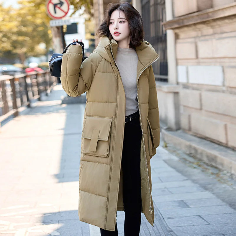 Female Hooded Cotton Down Jackets Fluff Clothing Outerwear Long Winter Maxi Long Women Coat Casual Loose Overcoat Jacket Parka