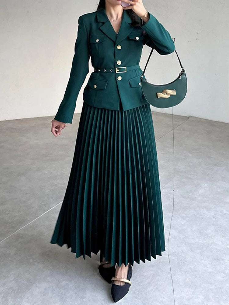 Spring Chic Two Pieces Set Women Single-breasted Lapel Casual Top Coat Belt Pleated Midi Skirt Suit Lady Autumn Fashion Outfit
