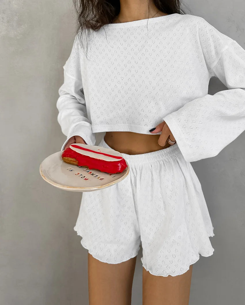 New Summer Female Sexy O-Neck Long Sleeve Crop Top Set+High Waist Loose Shorts Clothes Suit Women Casual Street Two Piece Set