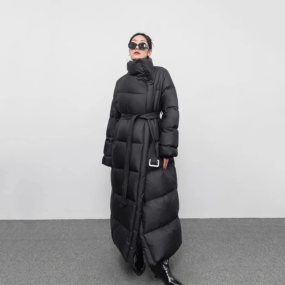 Winter Large Lapel Long Down Jacket Overcoat Women 90 White Duck Down Loose Knee Length Bread Cotton Quilt Jacket Warm Down Coat