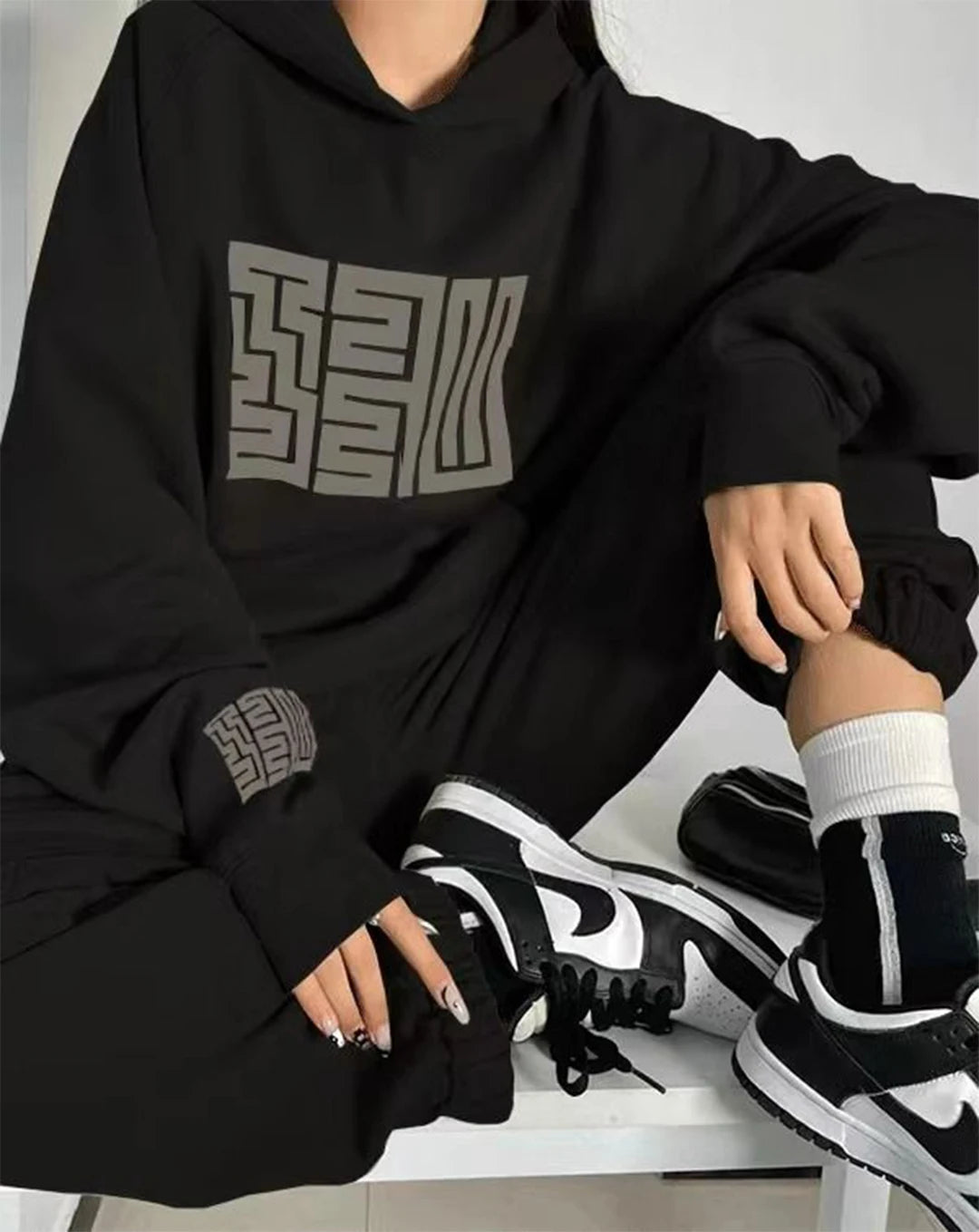 Spring Autumn Hooded Long Sleeved Sweatshirts+High Waist Drawstring Wide Leg Pants Autumn Female Streetwear Jogger Two Piece Set