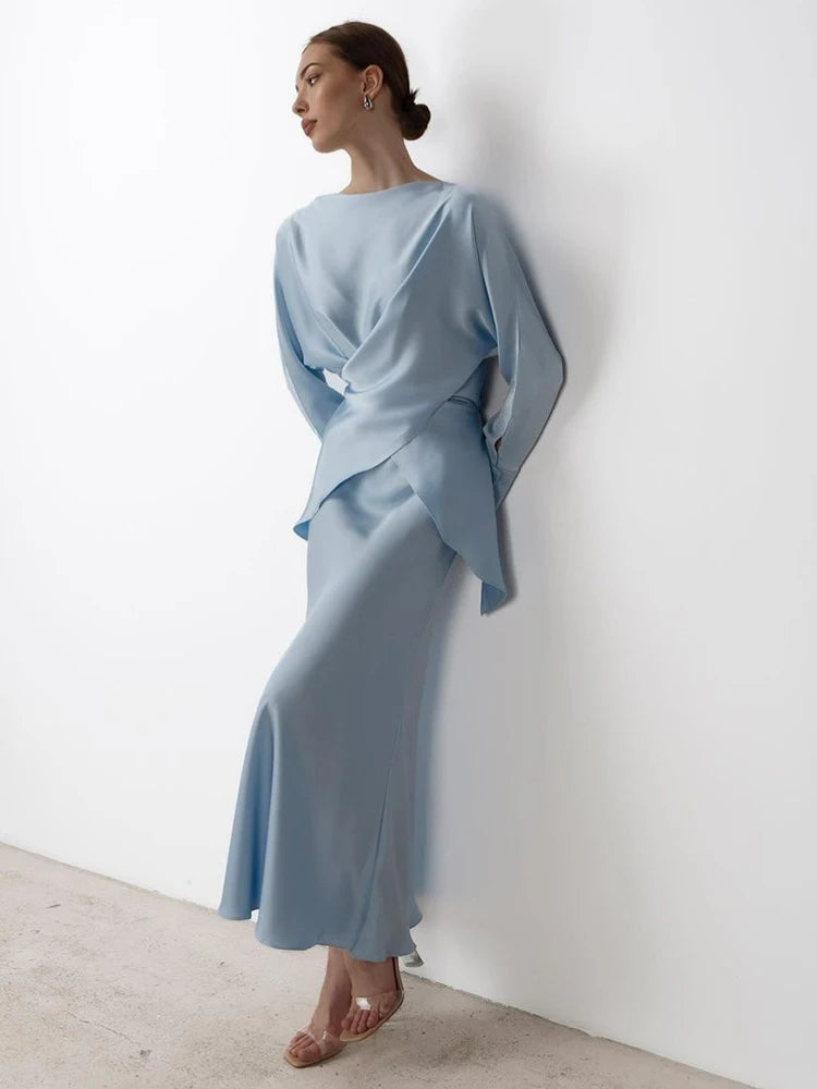 Spring Elegant Satins Outfit Women Long Sleeved Lace Up Top+High Waist Loose Straight Bust Skirt Autumn Female Two Piece Set