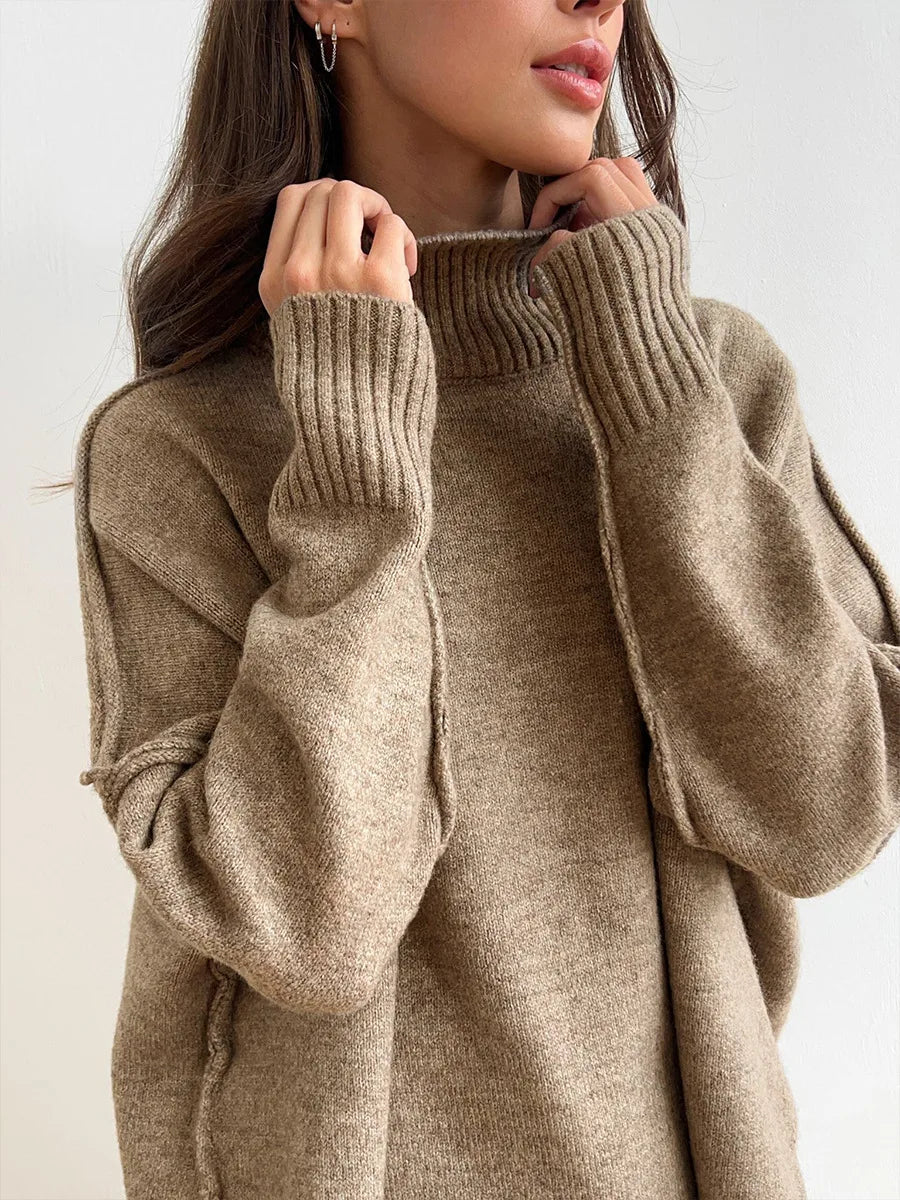 Autumn Winter Casual Knit Sweater Two-Piece Set Woman Loose Fashion Turtleneck Long Sleeve Pullover Sweater Straight Pants Suit
