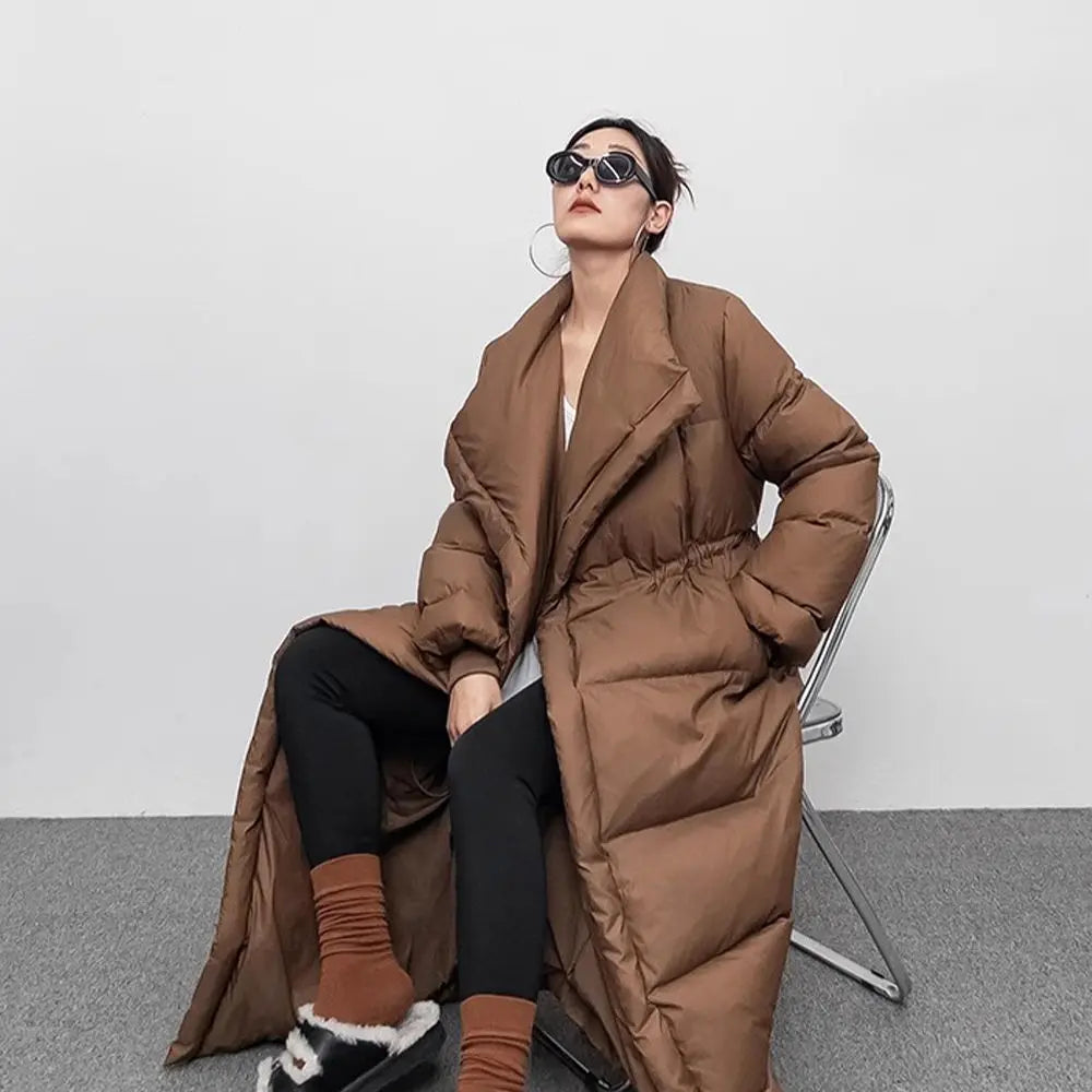 Winter Large Lapel Long Down Jacket Overcoat Women 90 White Duck Down Loose Knee Length Bread Cotton Quilt Jacket Warm Down Coat