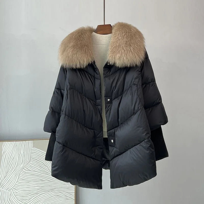 New Female Loose Outerwear Fashion Down Jacket Overcoat Women Winter Coat 90% White Duck Down Jacket With Big Woolen Collar Coat