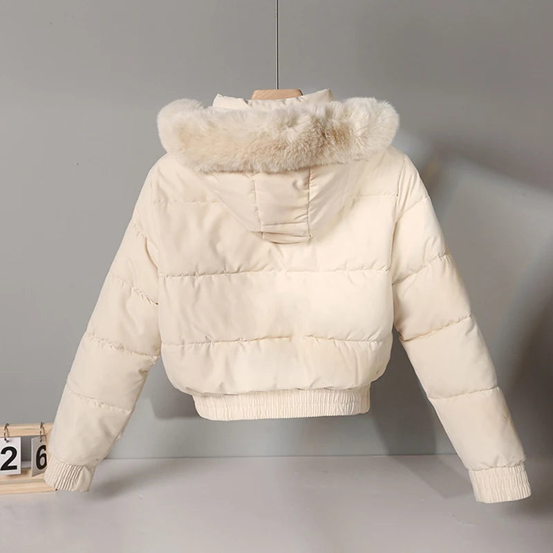 New Winter Warm Hooded Down Cotton Jacket Women Thickened Fleece Lining Big Fur Collar Long Sleeve Short Parkas Jacket Coat