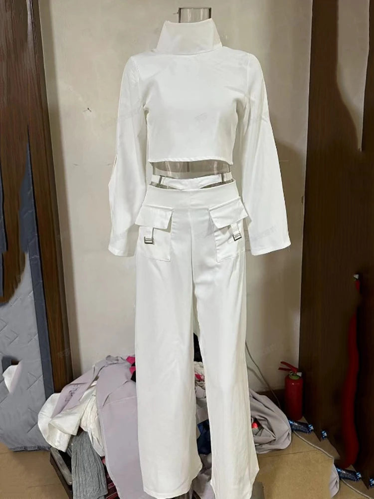 Women's Fashion Two Piece Set High Neck Navel Exposed Sweet Spicy Long Sleeve Top Loose Wide Leg Pants Set Female Trousers Sets