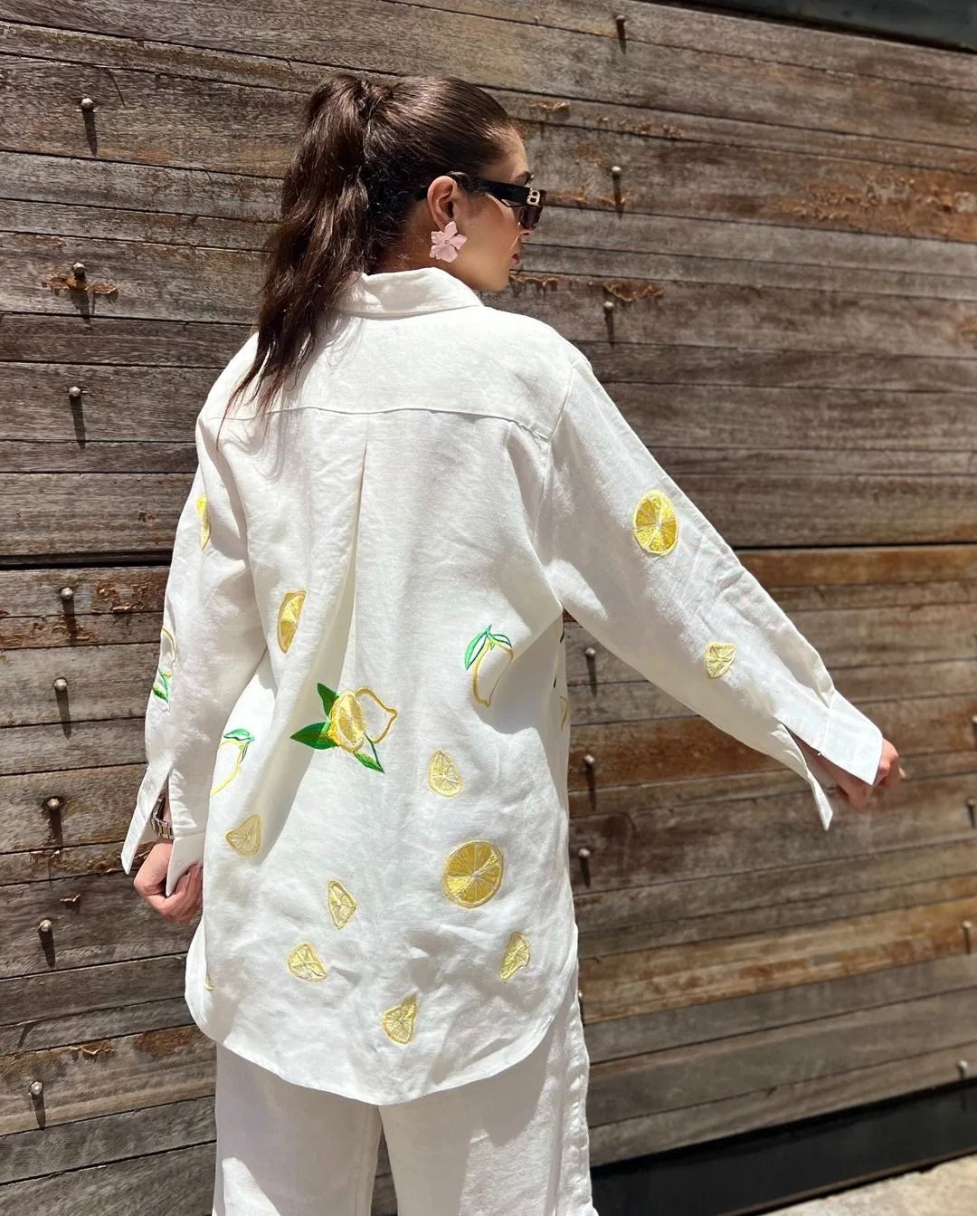 Fashion Embroidery Casual Trousers Outfit Spring Women Long Sleeved Lapel Shirt+High Waist Loose Wide Leg Pants Two Piece Set