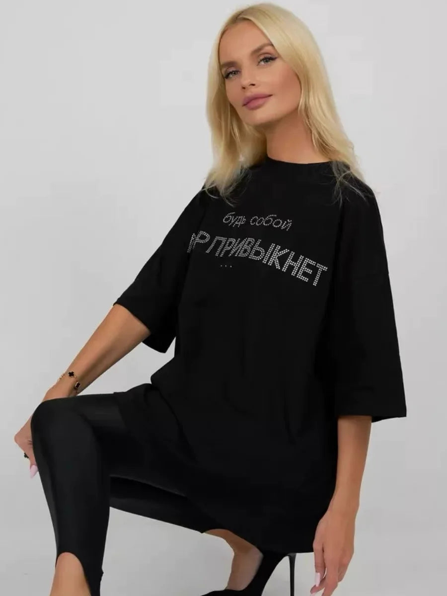 Summer O Neck Goth Loose Basic Tee Shirt Oversized Black T Shirts For Woman Luxury Rhinestone Letter Chic Casual T-shirt