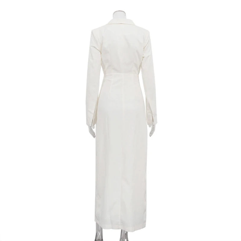 Spring Elegant High Waist Dresses Women V-neck Long Sleeved Split Long Dress Autumn Female Single Breasted Floor Length Dress