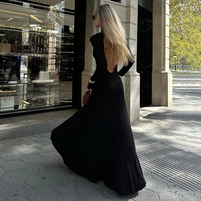 Spring Autumn Elegant High Collar Evening Dresses Women Black Long Sleeves Backless Dress Fashion Bodycon Banquet Vestidos Dress