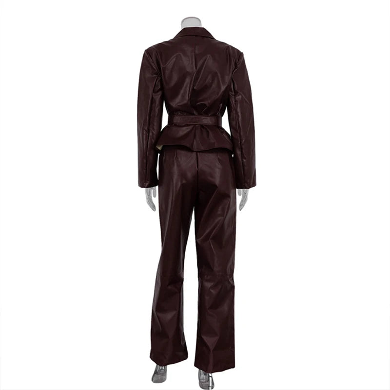 Spring Autumn Wine Red Pu Leather Women Two-piece Set Long Sleeve Match with Belt Jacket+High Waist Straight Pants Suit Outfits