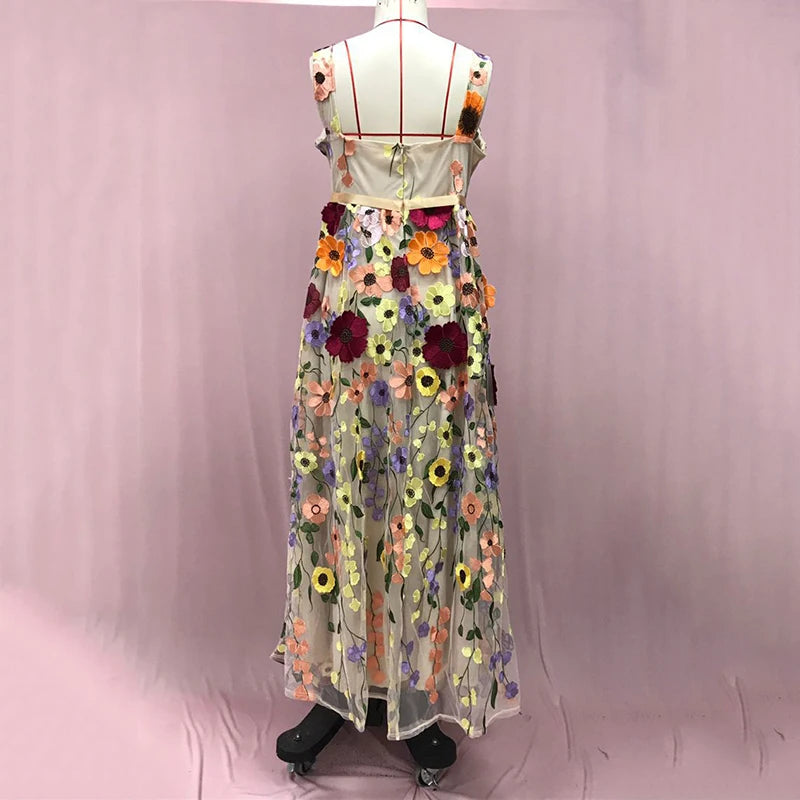Elegant Embroidery 3D Flowers Dresses Spring Women V-neck Sleeveless Camisole Dress Summer High Waist Zipper Floor Length Dress