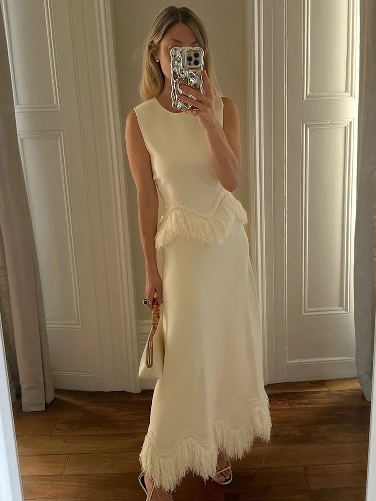 Elegant Tassel Splicing Two Piece Set Spring Women O-neck Sleeveless Top+High Waist Irregular Knee Length Skirt Female Outfit