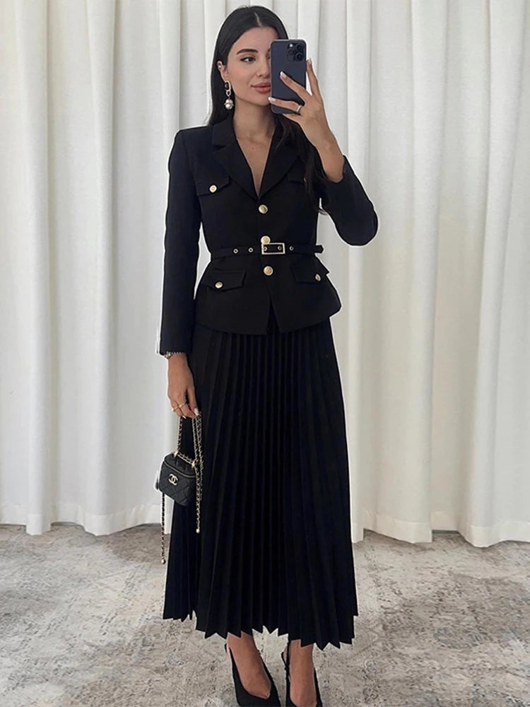 Spring Chic Two Pieces Set Women Single-breasted Lapel Casual Top Coat Belt Pleated Midi Skirt Suit Lady Autumn Fashion Outfit