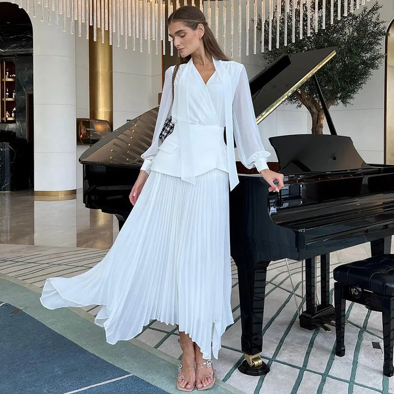 Women Dress Sets Skirt Two Piece Sets Elegant White Irregularity V Neck Full Sleeve Tops Lace Up Pleated A Line Long Skirts Suit