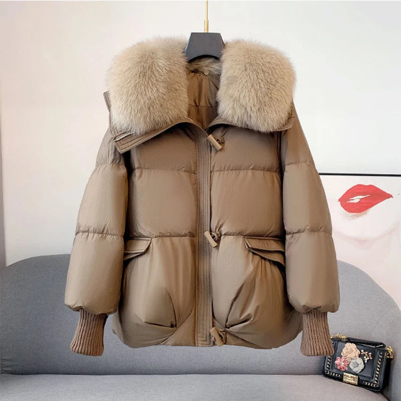 New Winter Warm Goose Down Jackets Removable Fur Collar Puffer Jackets Women Thick Female Streetwear White Duck Down Jacket Coat