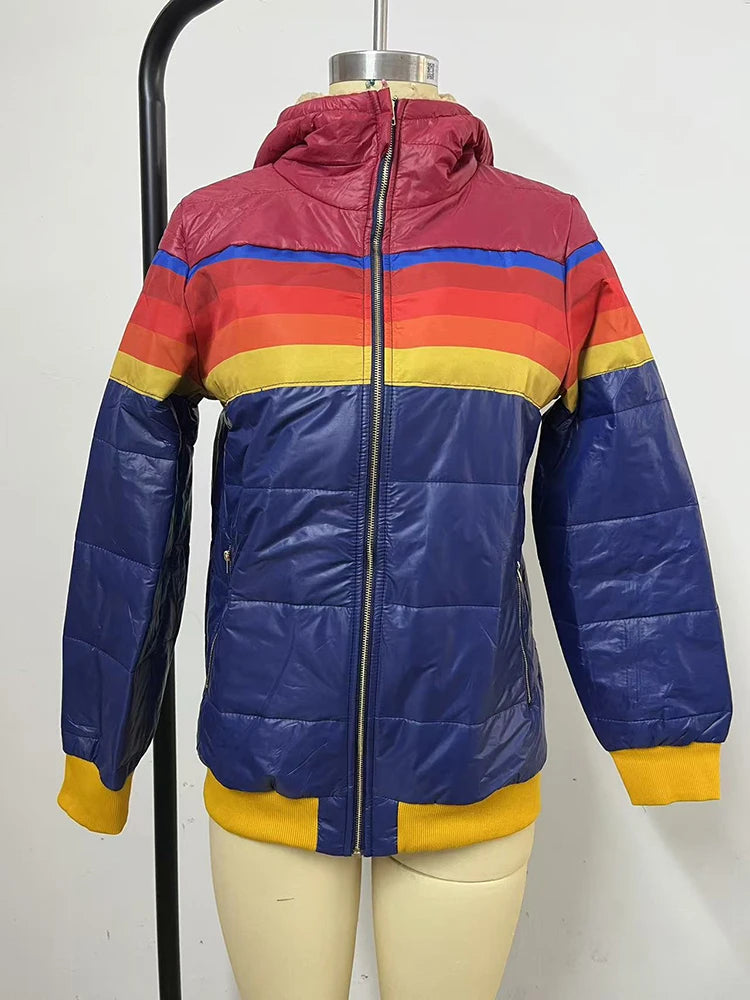 Spring Women Hooded Parkas Quilted Jacket Contrasting Pocket Back Velvet Female Trendy Winter Thick Warm Cotton Jacket Coat Lady