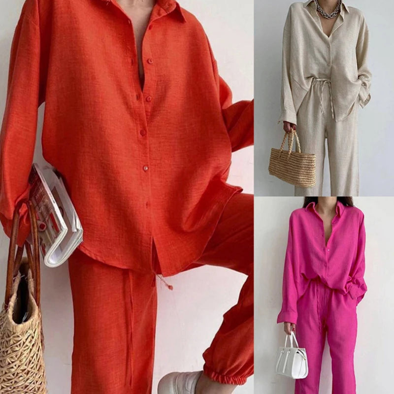 2 Piece Sets Outfit Vintage Clothes Long Sleeve New Long Pant Sets Two Piece Set For Women Summer Pocket Loose Shirt Casual Suit